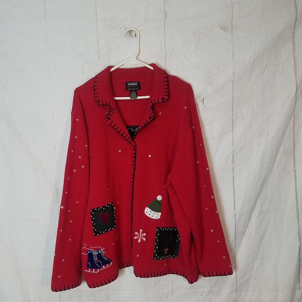 Studio fa La La Red Holiday Cardigan with Festive Patches Christmas Sweater